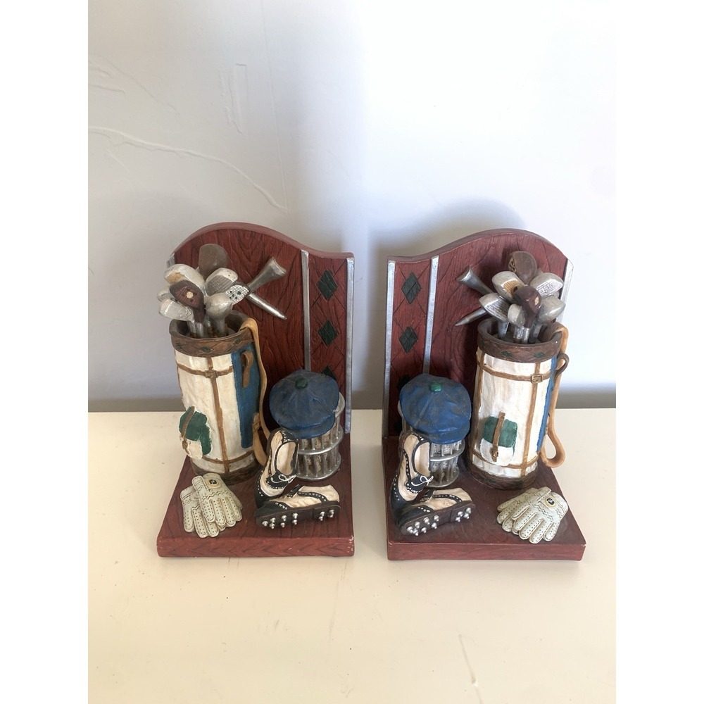 Highland Ridge Golf Bookends Resin Golfer Bag Clubs Shoes Man Cave Office Decor